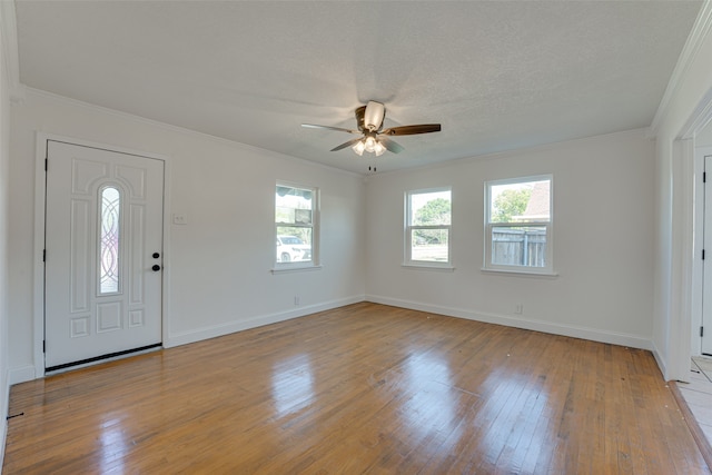 foyer featuring light hardwood / wood-style floors, crown molding, a textured ceiling, and ceiling fan