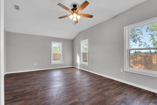 unfurnished room with dark wood-type flooring, ceiling fan, and lofted ceiling