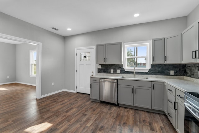 kitchen featuring a wealth of natural light, sink, appliances with stainless steel finishes, and gray cabinets