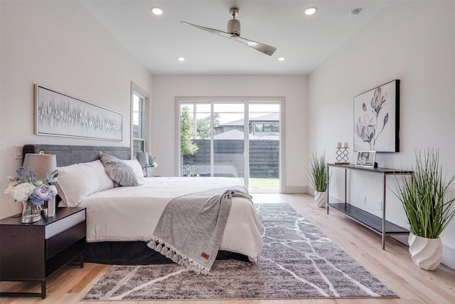 3732 Valley Ridge Rd, Dallas, TX 75220 - bedroom with access to outside, light wood finished floors, recessed lighting, a ceiling fan, and baseboards
