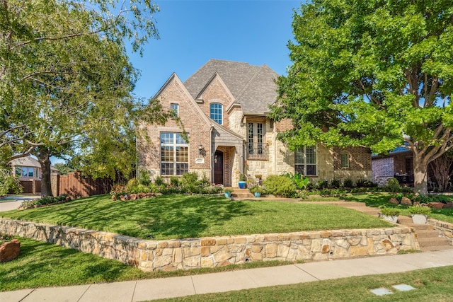 tudor-style house featuring a front lawn