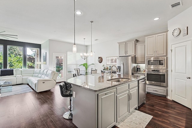 kitchen with sink, stainless steel appliances, an island with sink, and light stone counters