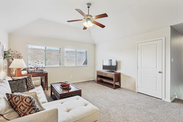 carpeted living room with lofted ceiling and ceiling fan