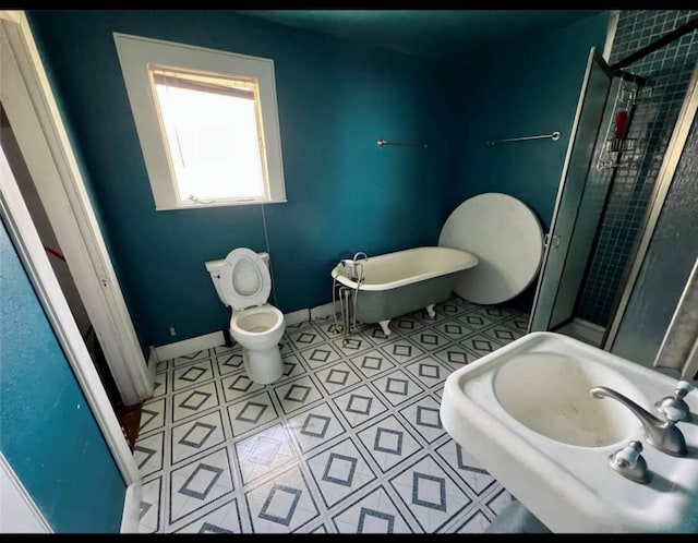 full bathroom with toilet, sink, separate shower and tub, and tile patterned flooring