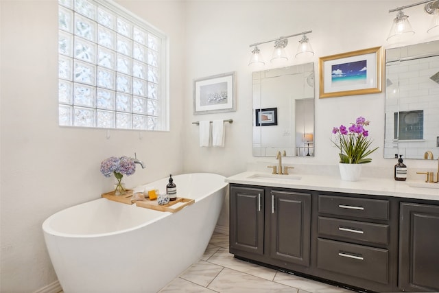 bathroom featuring vanity and plus walk in shower