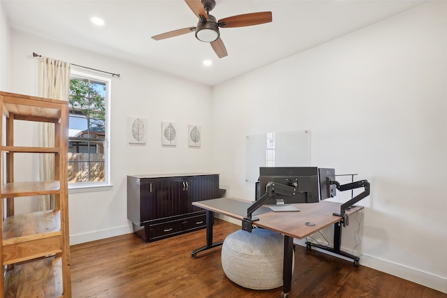 office area with ceiling fan and dark hardwood / wood-style floors