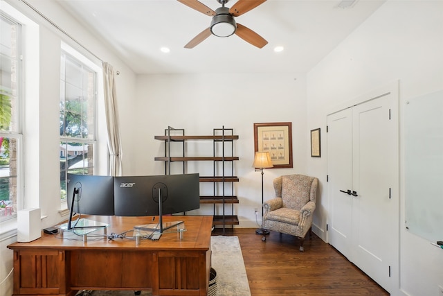 office space with ceiling fan and dark hardwood / wood-style flooring