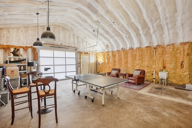 playroom featuring vaulted ceiling