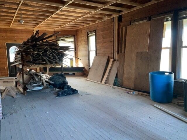 miscellaneous room featuring wood walls, a healthy amount of sunlight, hardwood / wood-style flooring, and a barn door