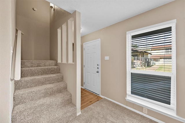 carpeted entryway with a textured ceiling