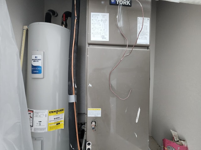 utility room with electric water heater and heating unit