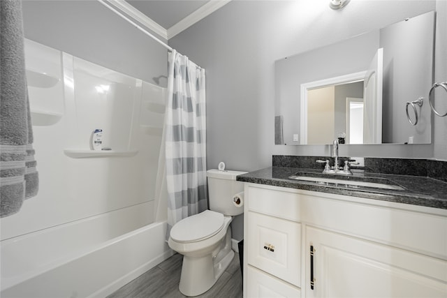 full bathroom with vanity, toilet, ornamental molding, and shower / tub combo with curtain