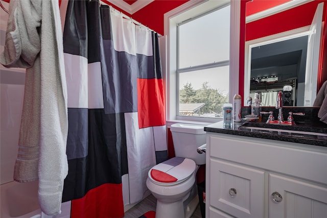 bathroom featuring vanity, toilet, and walk in shower