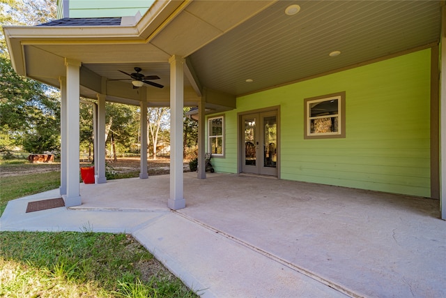 view of patio featuring french doors and ceiling fan