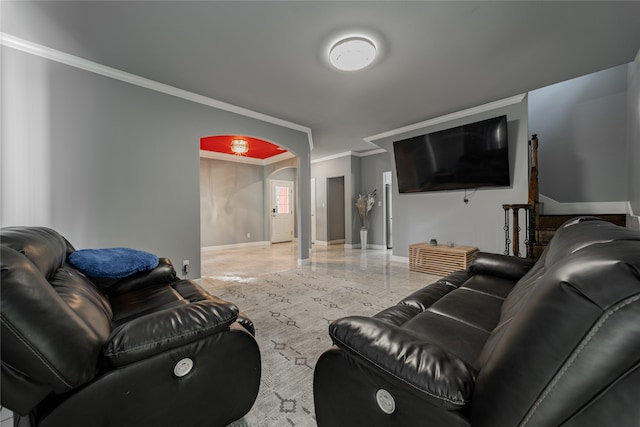 living room with crown molding