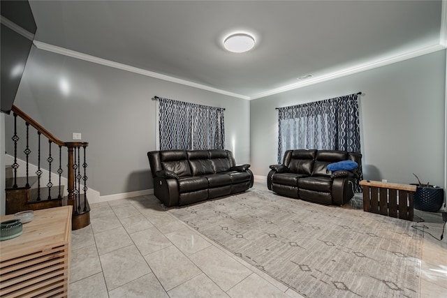 living room with ornamental molding and light tile patterned flooring