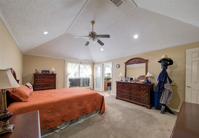 carpeted bedroom featuring ceiling fan, crown molding, lofted ceiling, and a textured ceiling