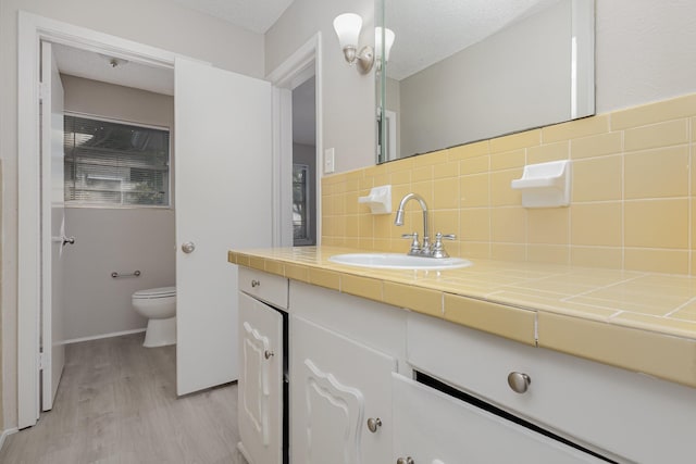 509 Ridgeview Dr, Rockwall, TX 75087 - bathroom featuring wood finished floors, vanity, toilet, decorative backsplash, and baseboards