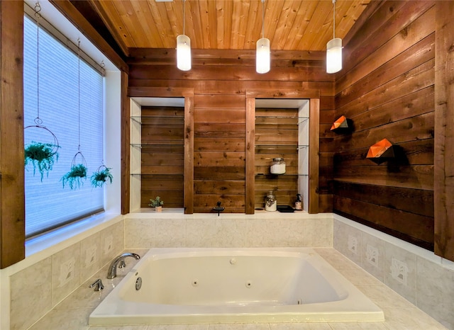 bathroom featuring wooden walls, a relaxing tiled tub, and wooden ceiling