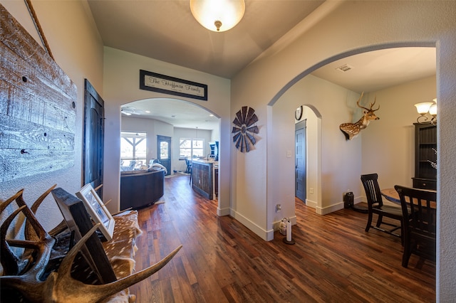 hallway with dark wood-type flooring