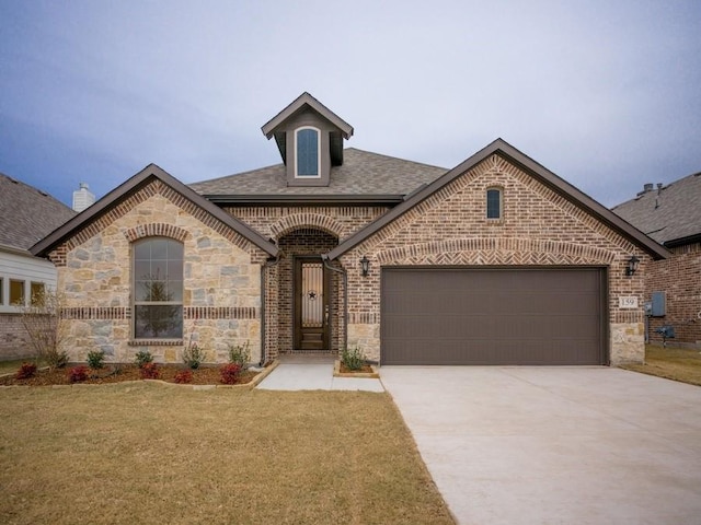 view of front of property with a front lawn and a garage