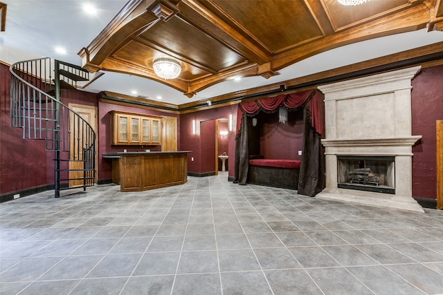 interior space with a tiled fireplace