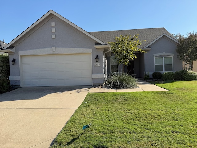 ranch-style house with a front yard and a garage