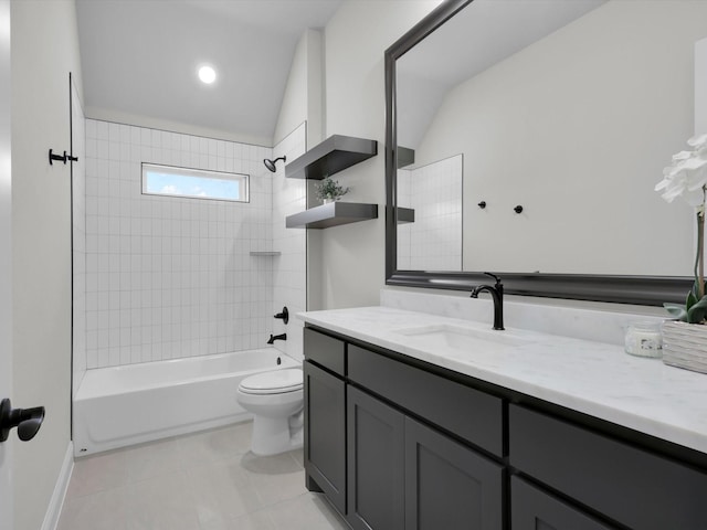 full bathroom with tile patterned floors, toilet, vaulted ceiling, vanity, and tiled shower / bath combo