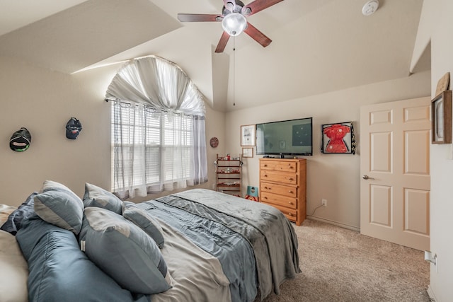 bedroom with ceiling fan, light carpet, and lofted ceiling