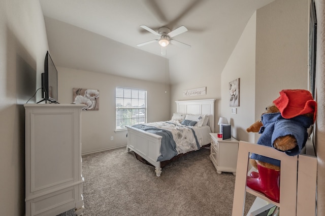 carpeted bedroom with ceiling fan and lofted ceiling