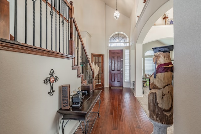 entryway featuring dark hardwood / wood-style floors, high vaulted ceiling, and plenty of natural light