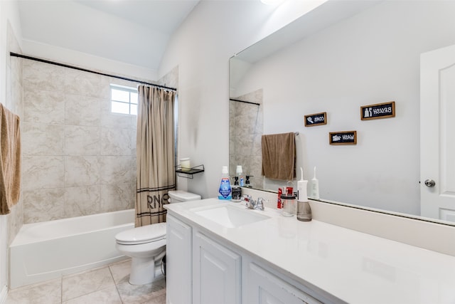 full bathroom with lofted ceiling, toilet, shower / bath combo with shower curtain, vanity, and tile patterned flooring