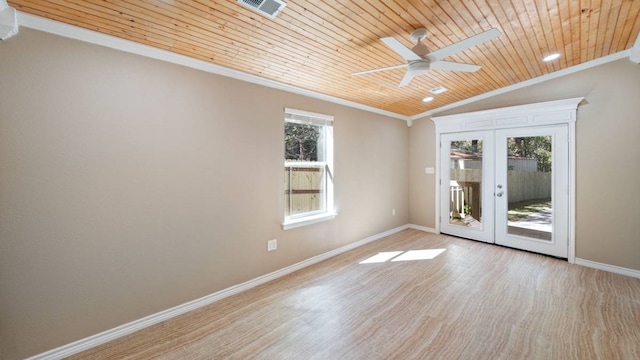 empty room with light hardwood / wood-style flooring, french doors, wooden ceiling, and lofted ceiling