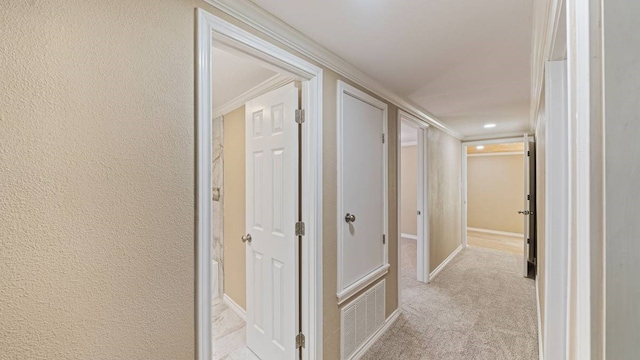 hall with ornamental molding and light colored carpet