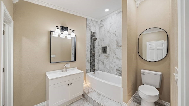 full bathroom with vanity, tiled shower / bath combo, ornamental molding, and toilet