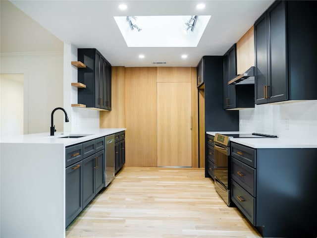 kitchen with stainless steel appliances, sink, light wood-type flooring, a skylight, and tasteful backsplash