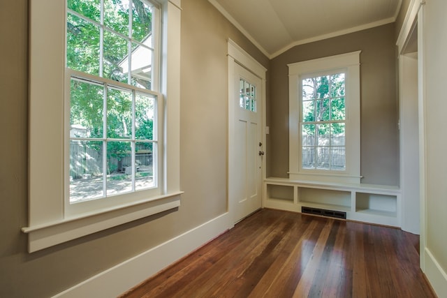 entryway featuring crown molding, lofted ceiling, and dark hardwood / wood-style flooring