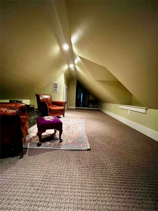 additional living space featuring vaulted ceiling and carpet floors