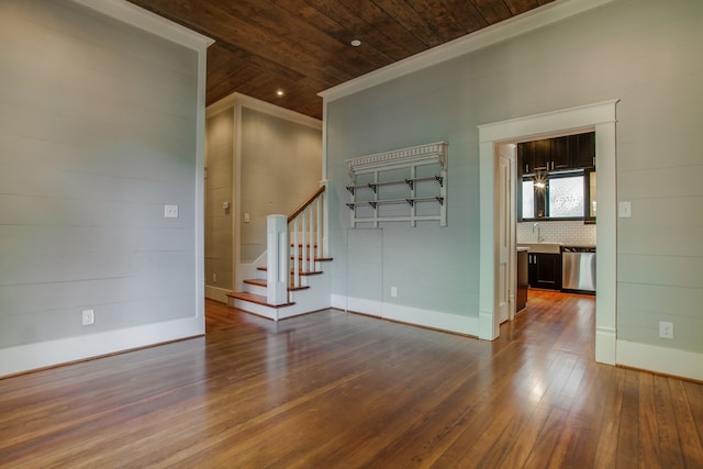 unfurnished room with ornamental molding, wooden ceiling, and dark hardwood / wood-style flooring