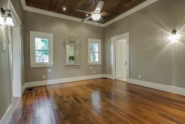 spare room featuring wood ceiling, dark hardwood / wood-style flooring, and plenty of natural light