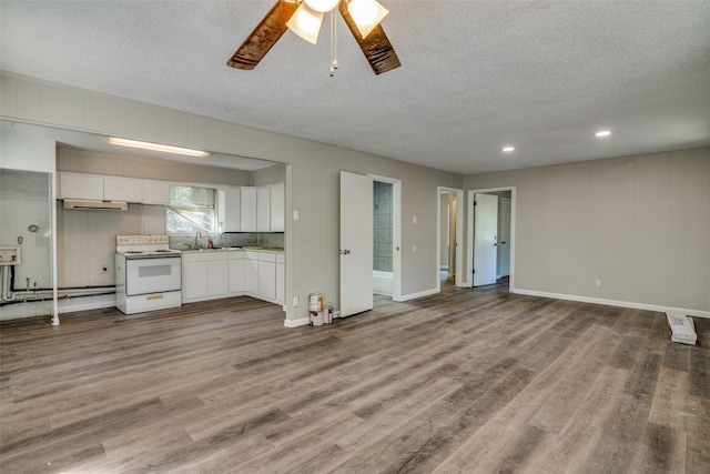 unfurnished living room featuring light hardwood / wood-style floors, a textured ceiling, sink, and ceiling fan