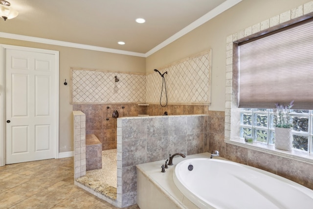 bathroom with ornamental molding, shower with separate bathtub, and tile patterned floors