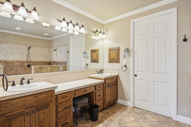 bathroom with vanity, ornamental molding, walk in shower, and tile patterned flooring