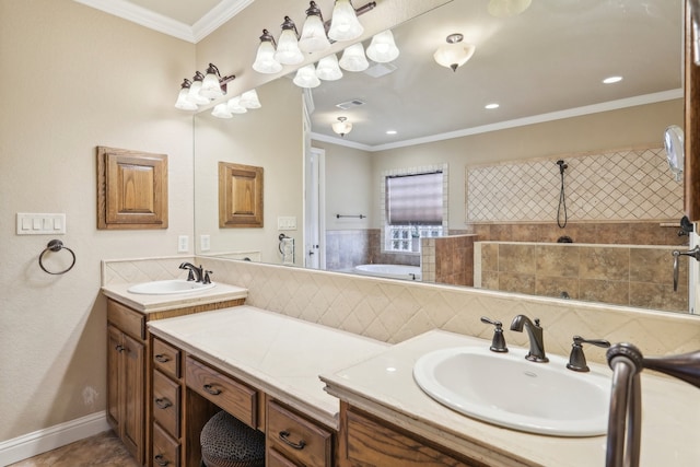 bathroom with vanity and ornamental molding