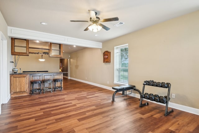 workout room featuring hardwood / wood-style floors and ceiling fan