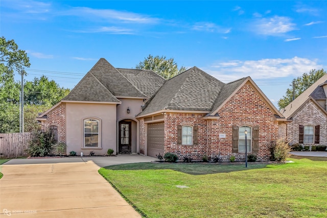 view of front of property with a front yard and a garage