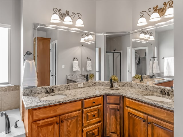 bathroom with vanity and independent shower and bath