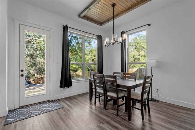 dining area with a healthy amount of sunlight, a chandelier, wooden ceiling, and dark hardwood / wood-style flooring