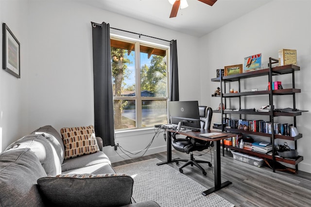 office space featuring ceiling fan and hardwood / wood-style floors