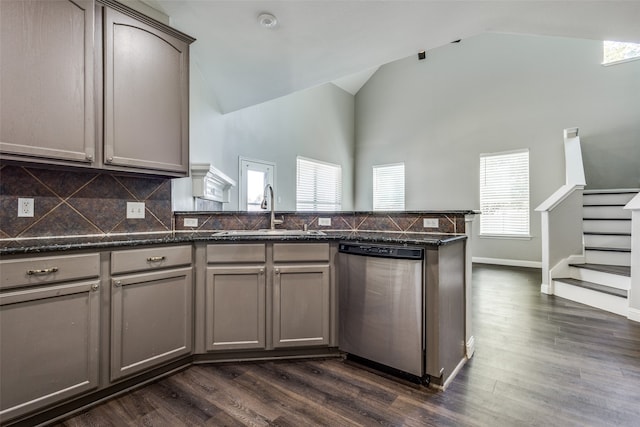 kitchen with sink, dishwasher, kitchen peninsula, and dark hardwood / wood-style floors